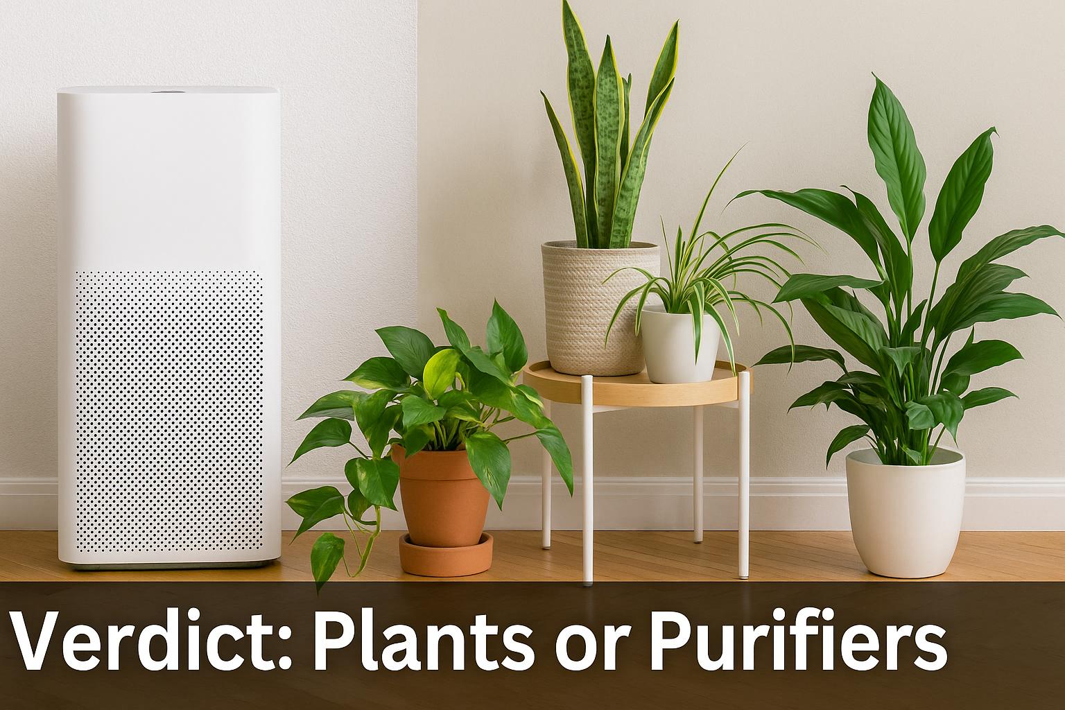 Side-by-side comparison of an air purifier and top air-purifying indoor plants like Snake Plant, Peace Lily, Pothos, and Spider Plant, highlighting the real verdict between plants vs purifiers for cleaner bedroom air in Indian homes.